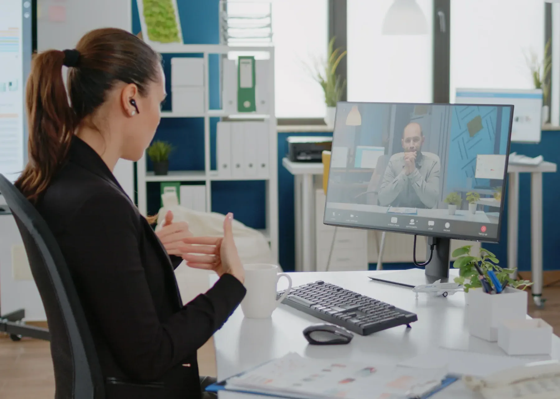 Employee on a video call following a compliance training session