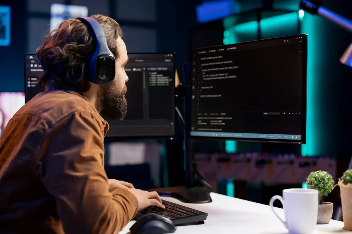 An employee working at two screens with AI tools open