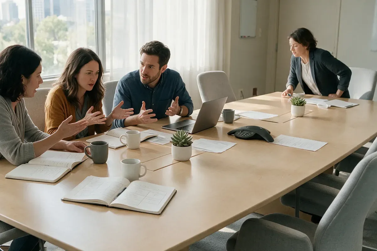 Colleagues around a meeting table discussing workload and support