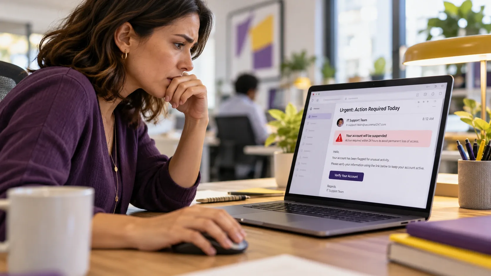 Finance team member pausing before opening a suspicious email, illustrating phishing awareness training