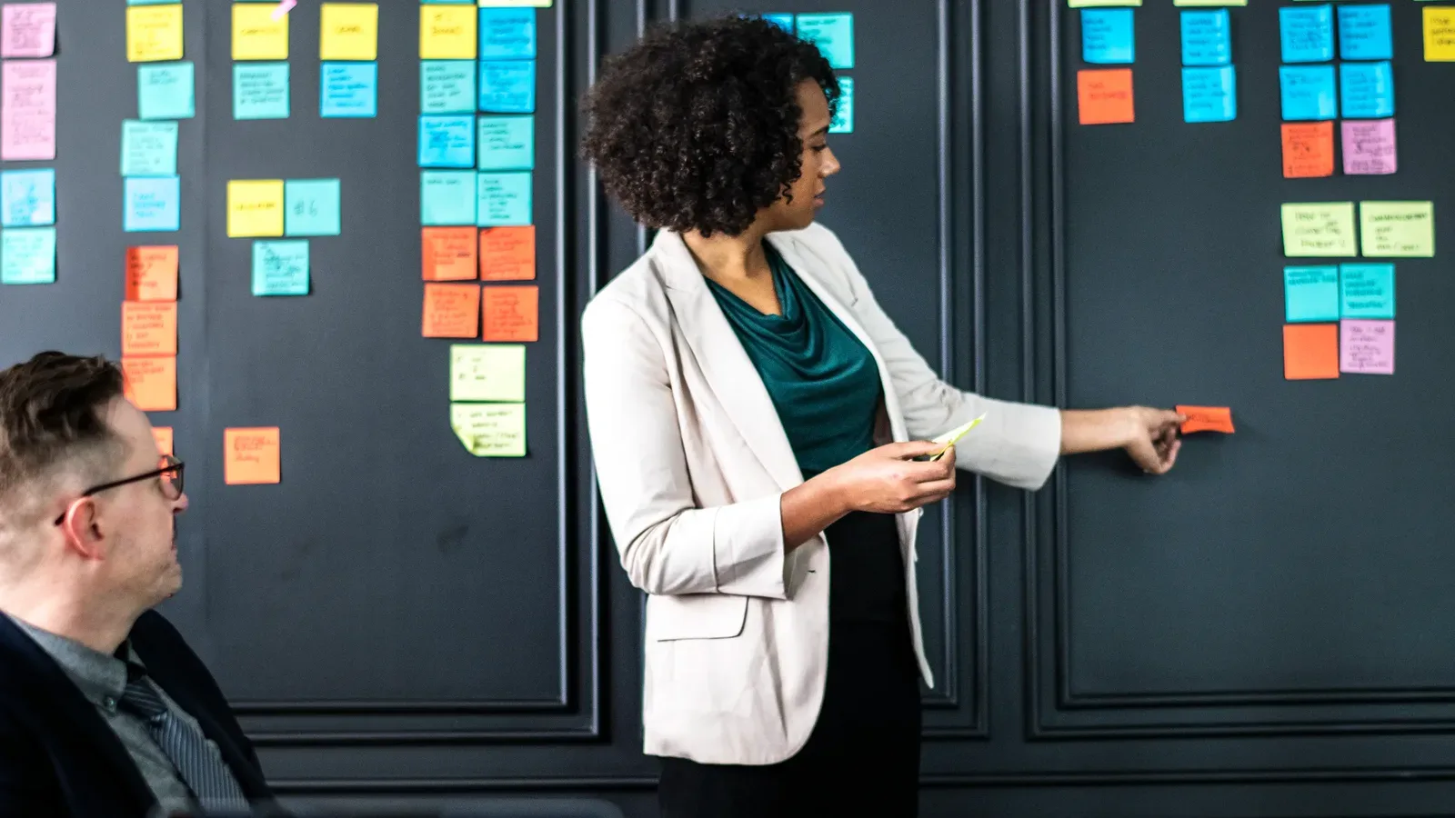A facilitator mapping risk areas with sticky notes while the team watches