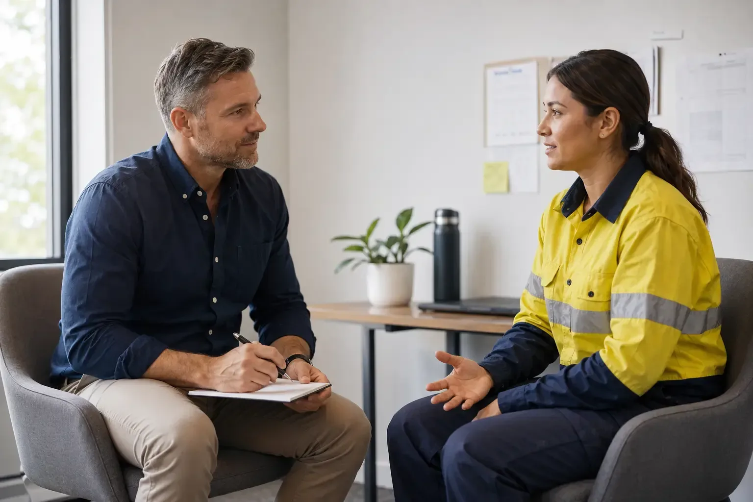 A manager checking in with a worker in hi-vis during a one-on-one conversation